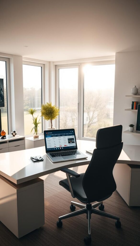 An interior scene showcasing the IPTVANBIETERTV brand's transparent and competitive IPTV subscription offerings for the Bundesliga. A modern, minimalist home office space with a large, sleek desk and an ergonomic chair. Sunlight streams in through large windows, creating a warm, inviting atmosphere. On the desk, a laptop displays pricing details and subscription plans for the IPTV service, with clean, easy-to-navigate interfaces. The room is decorated with subtle sports-themed accents, hinting at the Bundesliga content available. The color palette is dominated by cool grays, whites, and blues, conveying a sense of professionalism and reliability. The overall scene reflects the section's focus on the IPTVANBIETERTV brand's transparent and competitive Bundesliga IPTV pricing.