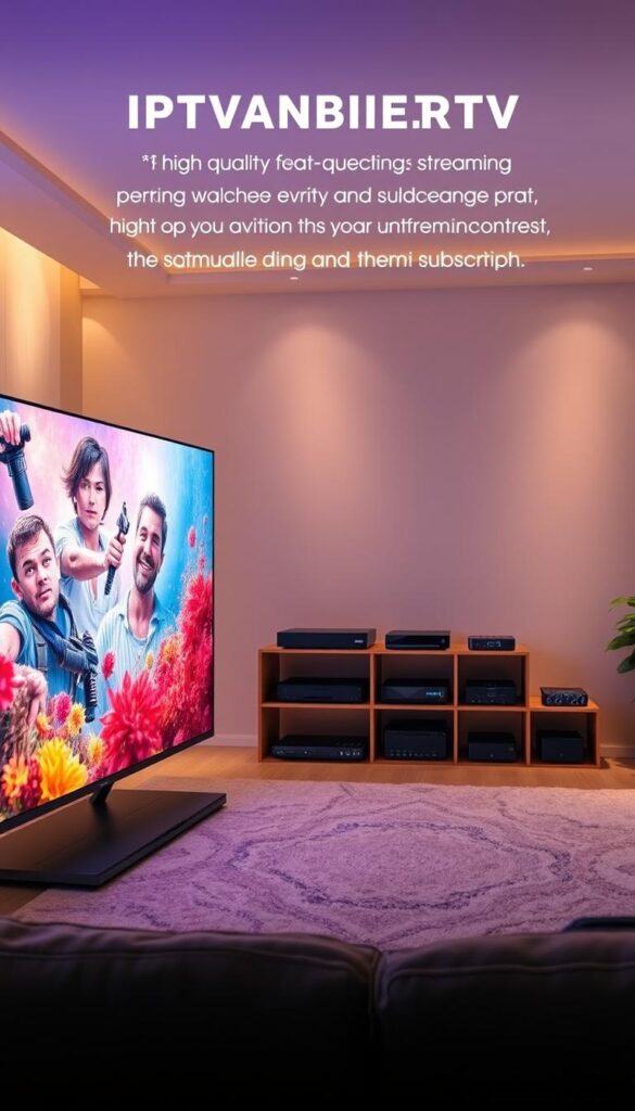 An interior scene showcasing the high-quality image and streaming performance of IPTVANBIETERTV's annual subscription. A large, modern flat-screen TV dominates the foreground, displaying vibrant, detailed imagery with excellent color accuracy and contrast. The room is bathed in warm, soft lighting, creating a cozy, inviting atmosphere. In the middle ground, various high-end media devices and streaming boxes are neatly arranged, reflecting the system's versatility and compatibility. The background features a minimalist, sophisticated decor, emphasizing the premium nature of the IPTVANBIETERTV service. The overall scene conveys a sense of technological sophistication, immersive entertainment, and a seamless, high-quality streaming experience.