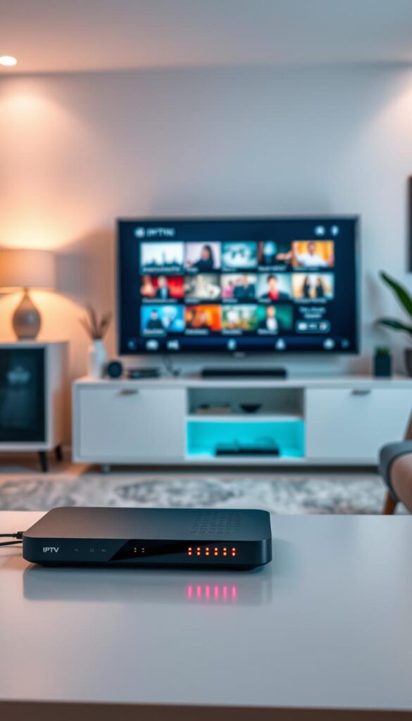 An interior view of a modern home office, showcasing the IPTVANBIETERTV technology. In the foreground, a sleek IPTV set-top box sits on a minimalist desk, its LED indicators glowing softly. In the middle ground, a large high-definition television screen displays vibrant, streaming content, surrounded by tasteful decor and furnishings. The background is bathed in warm, diffused lighting, creating a cozy and inviting atmosphere. The overall scene conveys the seamless integration of IPTV technology into a contemporary living space, highlighting its user-friendly and immersive experience.