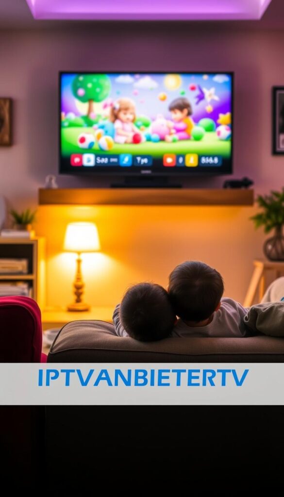 An intimate and vibrant living room setting, filled with cozy furniture and warm lighting. On the television, a colorful and engaging children's program is playing, captivating the attention of a young child snuggled up on the sofa. The IPTVANBIETERTV logo is prominently displayed, indicating the reliable IPTV service providing access to a wide range of kid-friendly channels. The room exudes a sense of comfort and security, reflecting the ease of setting up an IPTV subscription for family entertainment.