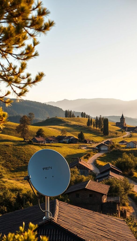 An outdoor scene of a rural countryside with rolling hills, lush greenery, and a clear sky. In the foreground, a small village nestled among the hills, with quaint houses and a church steeple. In the middle ground, a family-owned IPTVANBIETERTV satellite dish is mounted on the roof of a modest home, symbolizing the availability of IPTV technology even in areas with weak internet connectivity. The background features tall trees, a winding dirt road, and the silhouette of a distant mountain range, conveying a sense of remoteness and the challenges of providing reliable IPTV services in such environments. The scene is bathed in warm, golden lighting, creating a cozy and inviting atmosphere.