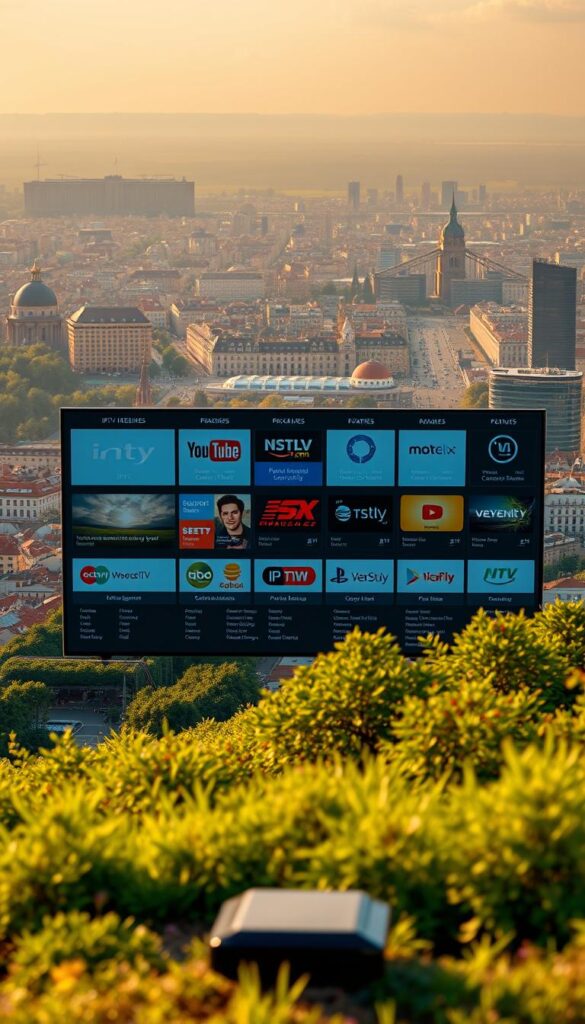 An ultra-high-definition landscape depicting the German IPTV provider market. In the foreground, a sleek, modern IPTVANBIETERTV logo stands out prominently, showcasing its premium quality and reliable service. In the middle ground, a grid of various IPTV packages and pricing options is displayed, allowing viewers to easily compare features and make an informed decision. The background is filled with a vibrant cityscape, representing the diverse entertainment options available through IPTV. The scene is illuminated by warm, natural lighting, creating a sense of comfort and trustworthiness. The overall composition conveys the reliability, accessibility, and comprehensive nature of IPTVANBIETERTV's IPTV solutions for the German market.