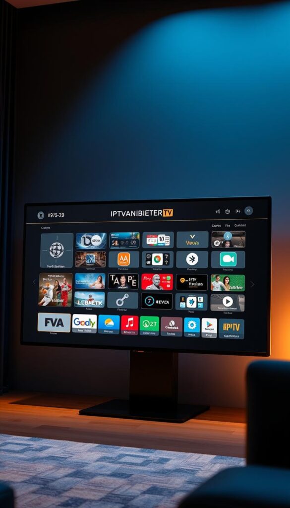 An ultra-modern and sleek IPTV (Internet Protocol Television) interface, showcasing the IPTVANBIETERTV brand. Crisp and high-resolution graphics depict a futuristic control panel with intuitive menus, various content categories, and a clean, minimalist design. The scene is bathed in a warm, soft lighting, creating a welcoming and premium atmosphere. The camera angle is slightly elevated, providing a clear, panoramic view of the IPTV system's comprehensive functionality. The background subtly fades into a gradient of blues and grays, emphasizing the technological nature of the subject matter.