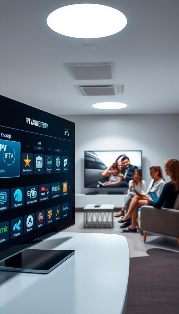 An ultra-modern, high-tech scene depicting the IPTVANBIETERTV brand and IPTV offerings. A sleek, futuristic control panel in the foreground, displaying various IPTV packages and channel lineups. In the middle ground, a group of satisfied customers using a range of devices - smart TVs, tablets, smartphones - to access the IPTV service. The background is a minimalist, clean environment with a subtle, cool color palette, conveying a sense of professionalism and cutting-edge technology. Soft, even lighting illuminates the scene, highlighting the high-quality visuals and user-friendly interface of the IPTVANBIETERTV platform. An atmosphere of convenience, reliability, and advanced IPTV solutions for the modern, tech-savvy consumer.