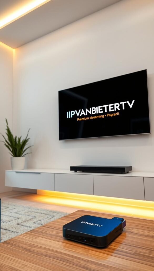 An ultra-modern, sleek, and minimalist home entertainment setup, with a large, high-definition 4K OLED television mounted on a white wall. The TV screen displays the "IPTVANBIETERTV" brand logo, showcasing its premium streaming capabilities. The setup is illuminated by soft, warm lighting, creating a cozy and inviting atmosphere. In the foreground, a state-of-the-art streaming device, such as a modern Android TV box or a Roku, sits on a minimalist, wooden entertainment console, emphasizing the seamless integration of technology and design. The overall scene conveys the ease, convenience, and legal enjoyment of IPTV streaming.