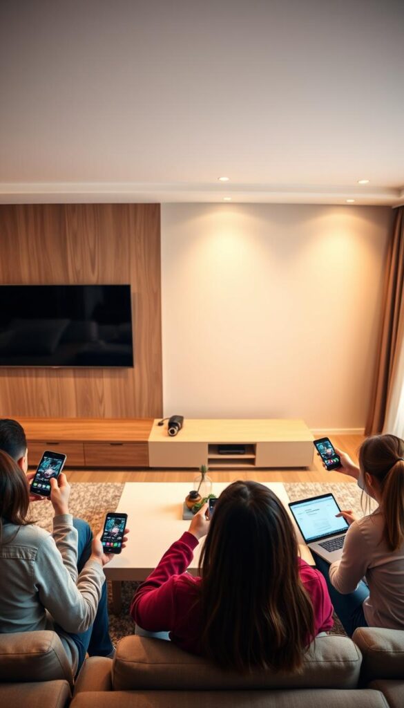 An ultra-wide shot of a modern living room with a large flatscreen TV mounted on the wall. In the foreground, a group of people - a family or friends - are gathered around a coffee table, each using a different device like a smartphone, tablet, or laptop to access IPTV content from the IPTVANBIETERTV service. The room is bathed in a warm, ambient lighting, creating a cozy and relaxed atmosphere. The overall scene conveys the idea of seamless, multi-device IPTV consumption within a shared living space.