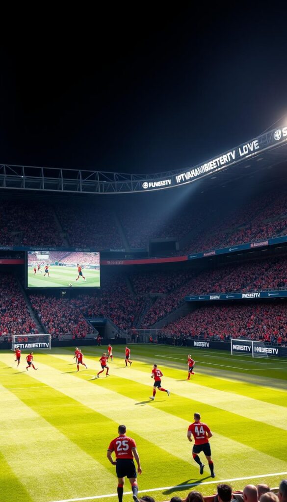 Bundesliga live: a dynamic football stadium scene, with players in vibrant jerseys dashing across a well-manicured pitch. Towering stands filled with passionate fans, their faces alight with excitement. Dramatic lighting casts long shadows, heightening the intensity of the match. In the foreground, a huge IPTVANBIETERTV screen displays the game, drawing the viewer into the heart of the action. Sweeping camera angles capture the energy and atmosphere of this thrilling Bundesliga encounter.