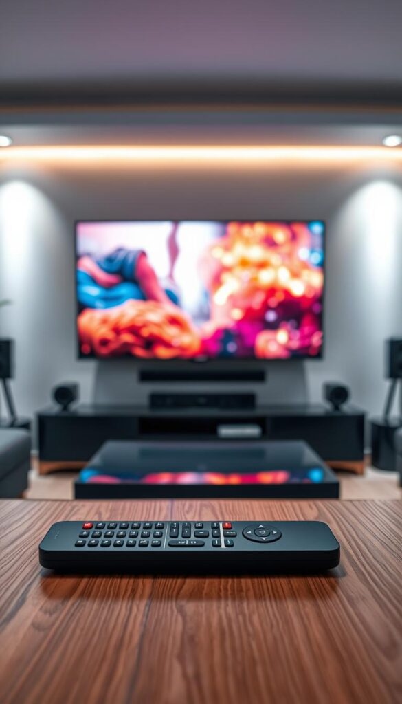 Cinematic and immersive image of IPTV streaming without interruptions. A modern living room setup with a large, flat-screen TV displaying vibrant, high-quality video content. The TV is surrounded by minimalist, high-end home theater equipment, creating a sleek and sophisticated ambiance. Soft, diffused lighting illuminates the scene, casting a warm glow and enhancing the sense of comfort and relaxation. In the foreground, a IPTVANBIETERTV branded remote control rests on a minimalist, wood-grain coffee table, symbolizing the seamless integration of IPTV technology into the user's home. The overall composition conveys a refined, technologically-advanced, and distraction-free IPTV streaming experience.