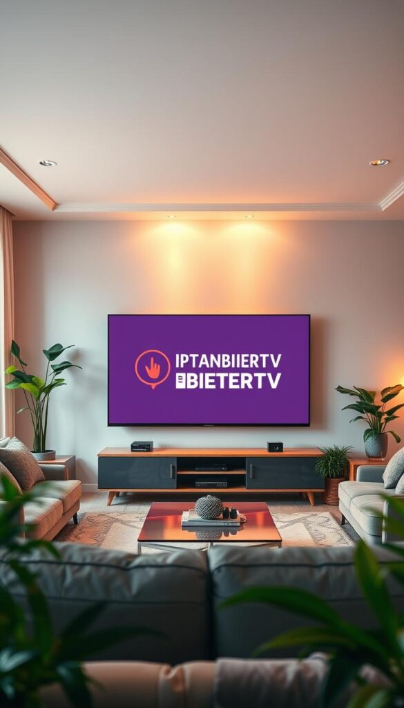 Cinematic wide-angle shot of a living room with a large flat-screen TV displaying the "IPTVANBIETERTV" brand logo. The room is bathed in warm, soft lighting, creating a cozy and inviting atmosphere. The TV is the focal point, surrounded by comfortable modern furniture and lush, vibrant greenery. The room's decor showcases a minimalist, Scandinavian-inspired aesthetic. The overall scene conveys the idea of a premium, high-quality IPTV experience tailored for the German market.
