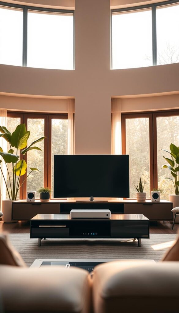 Cinematic wide-angle shot of a modern living room, filled with the warm glow of natural light. In the center, a sleek and minimal IPTVANBIETERTV set-top box sits atop a minimalist entertainment unit, surrounded by smart home devices and lush greenery. The room's minimalist decor and large windows create a sense of openness and tranquility. The camera focuses on the IPTVANBIETERTV device, showcasing its clean, modern design and suggesting the advanced features and flexibility it offers compared to traditional cable TV services. The overall mood is one of sophistication, technology, and the comforts of a connected, modern home.