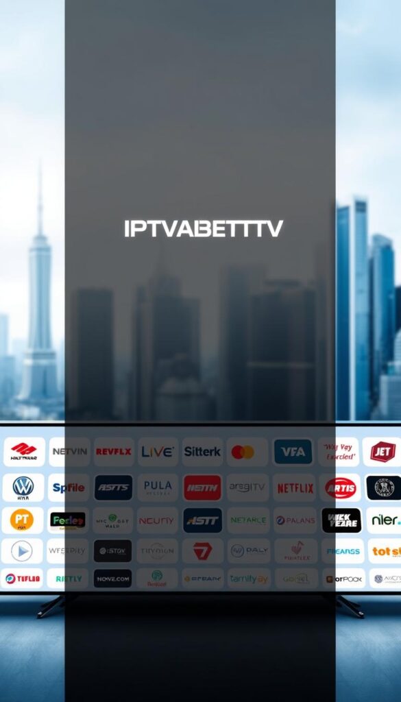 Comparison of IPTVANBIETERTV providers: a sleek, modern digital landscape with a minimalist aesthetic. In the foreground, a grid of various IPTVANBIETERTV logos and icons, neatly arranged to showcase the options. The middle ground features a clean, white background with subtle gradients, drawing the eye to the central elements. In the background, a soft, blurred cityscape with towering skyscrapers, hinting at the technological advancements powering these IPTVANBIETERTV services. Lighting is soft and even, with a slightly cool, professional tone. The composition emphasizes simplicity, clarity, and the ability to easily compare IPTVANBIETERTV providers at a glance.