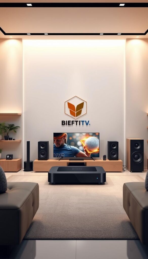 Detailed 3D rendering of a modern, stylish MAG-Box compatible IPTV service set in a sleek, minimalist home entertainment setup. The MAG-Box device is prominently displayed, surrounded by smart home devices and high-end audio equipment. The space is well-lit with a combination of natural and ambient lighting, creating a warm, inviting atmosphere. The IPTVANBIETERTV brand logo is subtly incorporated into the scene, reflecting the premium quality and reliability of the service. The overall composition emphasizes the seamless integration of the MAG-Box with the user's living space, highlighting the convenience and versatility of the IPTV offering.