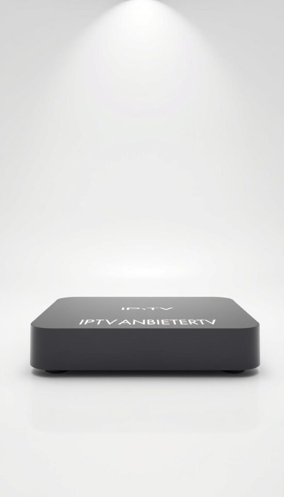 Detailed 3D rendering of a sleek, modern IPTV device emblazoned with the brand name "IPTVANBIETERTV". The device is depicted in a bright, minimalist studio setting with soft, diffused lighting from overhead. The product is showcased against a clean, white background, allowing it to take center stage. The angle captures the device's elegant, streamlined design, highlighting its simplicity and functionality. The overall mood is one of sophistication and user-friendliness, conveying the advantages of a flexible, monthly subscription IPTV service in Deutschland.