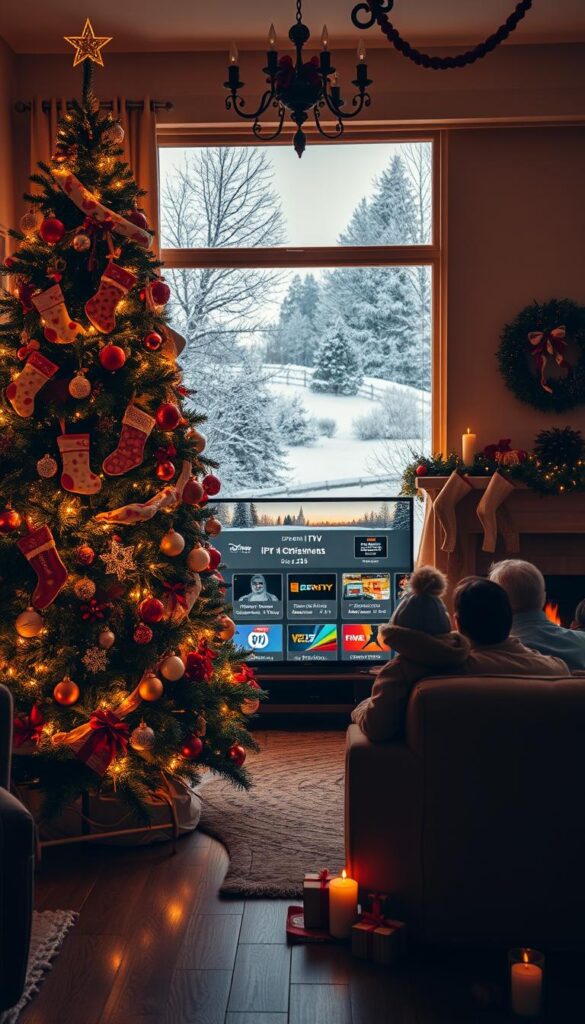 Detailed Christmas scene showcasing "IPTVANBIETERTV" IPTV Deutschland holiday offers. Cozy living room with a large, ornately decorated Christmas tree in the foreground, soft golden lighting casting a warm glow. Festive stockings, candles, and other seasonal decor adorn the room. In the middle ground, a family gathers around a TV displaying various IPTV package options, exploring the exclusive deals. The background features a snowy, idyllic German countryside landscape visible through the window. The overall mood is one of comfort, joy, and the anticipation of holiday festivities.
