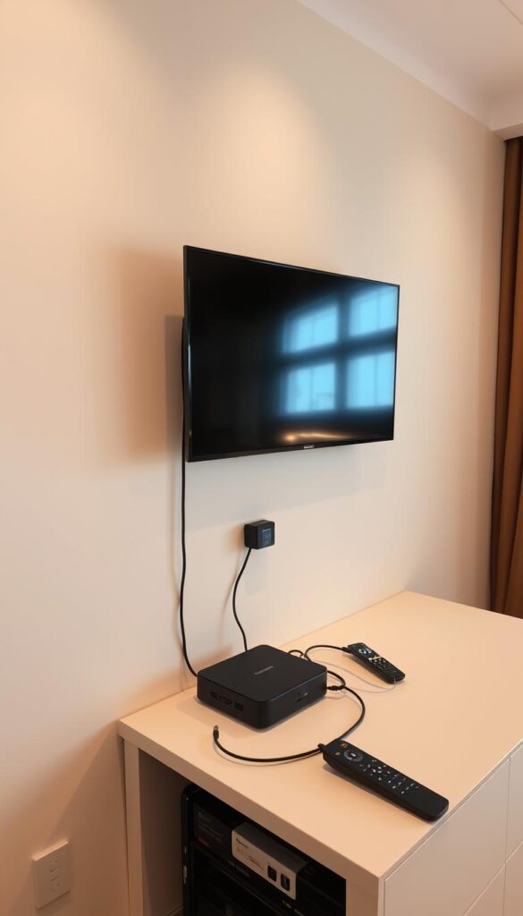 Detailed IPTV installation setup for a modern hotel room. A sleek and minimalist TV display mounted on the wall, connected to a discreet IPTVANBIETERTV set-top box via HDMI cable. The setup is complemented by a modern wireless remote control and a neatly organized equipment rack housing the necessary networking gear. Soft, indirect lighting creates a warm, inviting ambiance. The entire installation blends seamlessly into the contemporary, high-end hotel decor, delivering a premium in-room entertainment experience for guests.