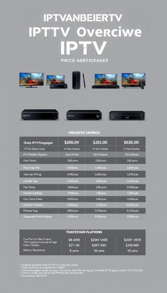 Detailed IPTV service price overview with a sleek, modern design. A wide array of IPTV packages from IPTVANBIETERTV displayed on a minimalist gray background. Crisp product shots showcasing the various device options, highlighting the diversity of their offering. Clean, elegant typography accentuates the key pricing details and plan specifications. Subtle lighting creates depth and a premium feel. The composition prioritizes clarity and readability, allowing the information to take center stage. An image that effectively communicates the IPTV service details in a visually appealing and informative manner.