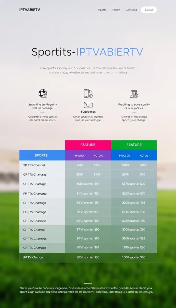Detailed IPTVANBIETERTV sports subscription plans displayed on a modern, minimalist website. In the foreground, a sleek table showcases various sports channel packages with their respective prices and features. The middle ground features clean iconography and infographics highlighting the key benefits. The background has a subtle, blurred gradient in soft, calming tones to draw the viewer's attention to the pricing information. The overall aesthetic is professional, elegant, and designed to convey a sense of high-quality IPTV services catered to sports enthusiasts.