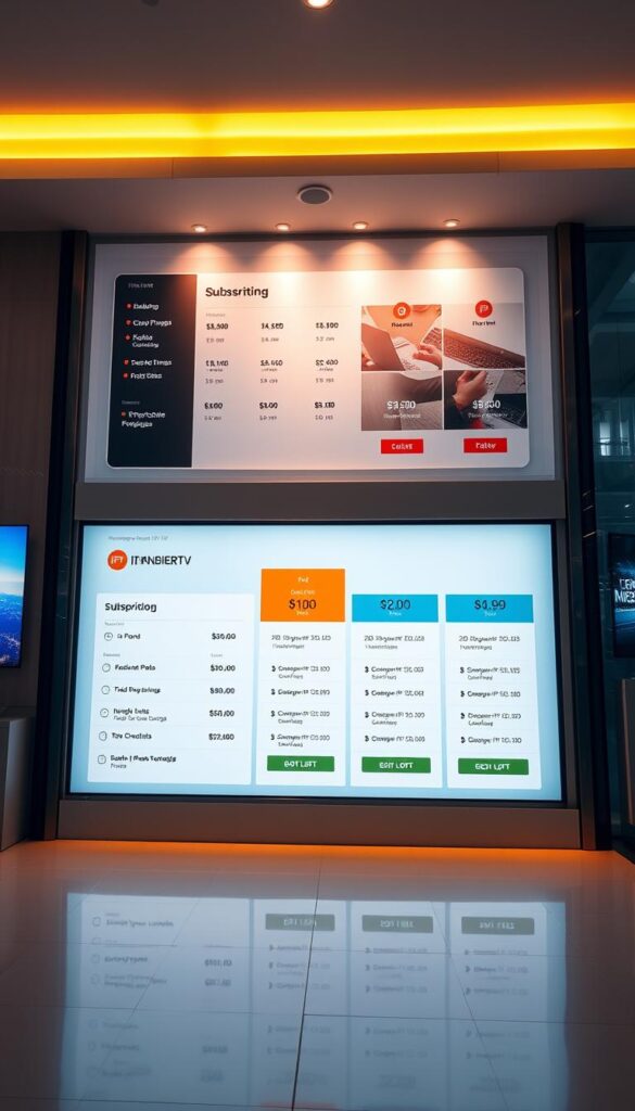 Detailed and transparent IPTV pricing models showcased on the IPTVANBIETERTV website. A sleek and modern storefront interface displays various IPTV subscription packages, highlighting the costs and features. Warm lighting illuminates the display, creating an inviting atmosphere. The layout is clean and uncluttered, allowing the pricing information to take center stage. Camera angle is slightly elevated, providing a comprehensive view of the digital storefront. The overall aesthetic is professional and trustworthy, instilling confidence in the IPTV provider's pricing transparency.