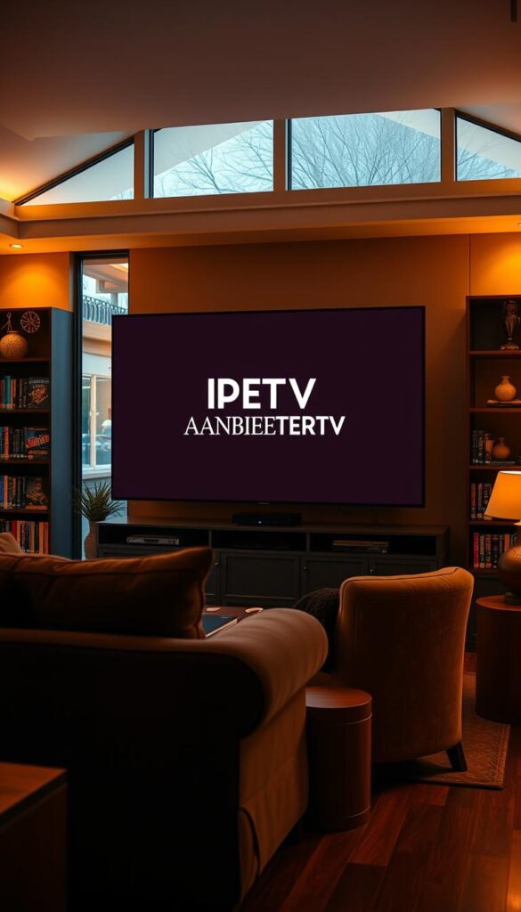 Detailed, cinematic image of a cozy living room showcasing a large TV screen prominently displaying the "IPTVANBIETERTV" brand logo. The room is illuminated by warm, ambient lighting, creating a relaxed and inviting atmosphere. In the foreground, a comfortable sofa and plush armchair invite viewers to sit and enjoy the wide selection of movies and TV shows available through the IPTV subscription service. The middle ground features tasteful decor, including shelves filled with DVDs and Blu-rays, hinting at the extensive library of content. The background includes large windows, allowing natural light to filter in and provide a sense of openness. The overall scene conveys the idea of a premium, high-quality IPTV experience, perfect for movie nights and binge-watching sessions.
