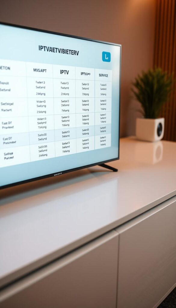 Detailed close-up shot of digital IPTV service packages and pricing options, displayed on a modern minimalist device screen. Crisp, high-resolution image with warm, soft lighting highlighting the various IPTV tariff plans offered by IPTVANBIETERTV. The screen is positioned on a sleek, uncluttered surface, conveying a sense of simplicity and affordability. The layout is clean and well-organized, making the IPTV tariff information easy to read and comprehend. The overall mood is professional, informative, and inviting, reflecting the subject of "Preisgestaltung und Tarifoptionen im Detail".