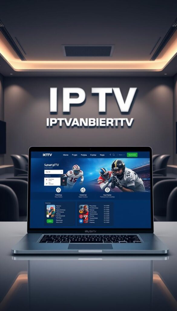Detailed digital illustration of an IPTV subscription package with Sky Sports, showcasing the pricing and subscription options offered by IPTVANBIETERTV. Prominently display the IPTVANBIETERTV brand name. Set the scene in a sleek, modern office environment with clean lines, neutral colors, and subtle lighting. Feature a laptop or tablet displaying the IPTVANBIETERTV website, along with associated icons, graphics, and pricing information. Convey a sense of professionalism, reliability, and value. Avoid cluttered or distracting elements, keeping the focus on the IPTV subscription details.