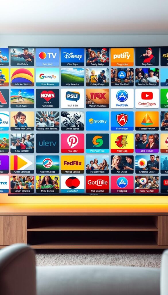 Detailed digital illustration showcasing the comprehensive IPTV programmangebot offered by IPTVANBIETERTV. Vibrant colors and sharp focus highlight an expansive array of television channels across diverse genres, including sports, news, movies, and entertainment. The layout features a clean, modern design with intuitive navigation, reflecting the user-friendly interface of the IPTVANBIETERTV platform. Soft, diffused lighting creates a warm, inviting atmosphere, while a slightly elevated camera angle provides an overview of the extensive channel selection. The overall composition conveys the impressive breadth and quality of the IPTVANBIETERTV IPTV programmangebot.