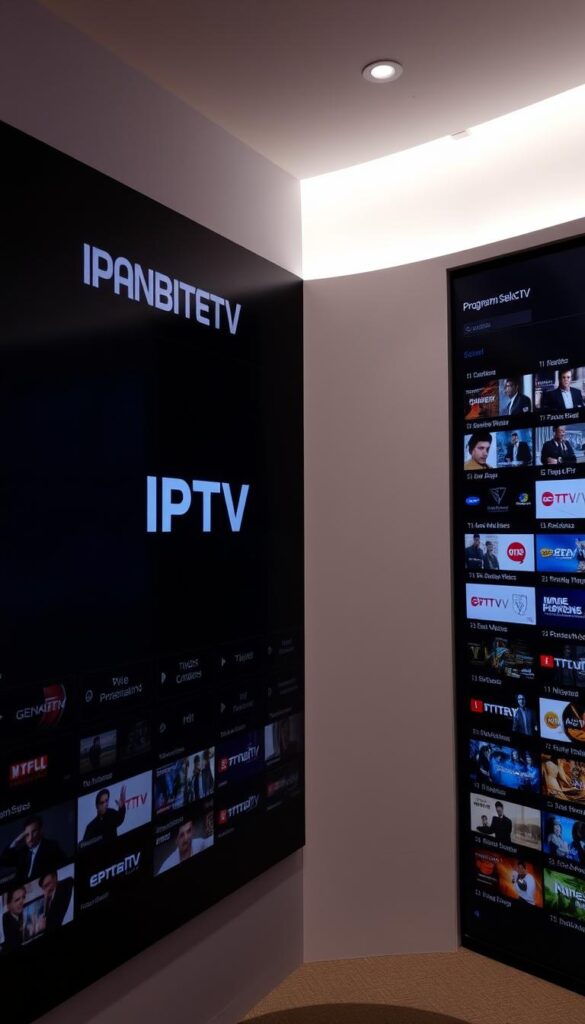 Detailed, expansive IPTV program selection interface showcasing a wide variety of content categories and channels. The interface features a clean, minimalist design with a dark, muted color palette and modern typography. Prominent branding for "IPTVANBIETERTV" is displayed prominently. The layout is organized with a clear hierarchy, allowing users to easily navigate and browse the available programming. Soft, directional lighting illuminates the scene, creating a sense of depth and dimensionality. The camera angle is slightly elevated, providing an overview of the interface. The overall mood is one of sophistication and technological prowess, reflecting the comprehensive IPTV offering.