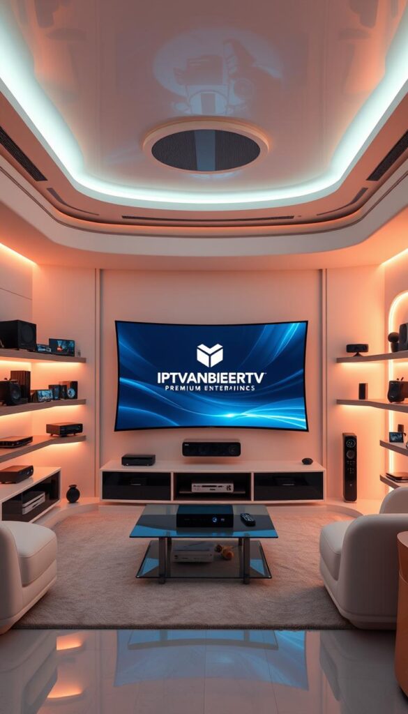 Detailed futuristic interior of a modern media entertainment room, bathed in warm ambient lighting. In the center, a large curved OLED television displaying the IPTVANBIETERTV brand logo. Around it, sleek media consoles and shelving units stocked with various streaming devices. Subtle neon accents highlighting the premium entertainment setup. The room conveys a sense of technological sophistication and global connectivity, reflecting the international IPTV offerings.