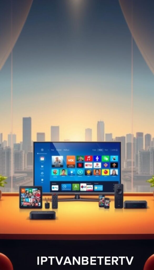Detailed, high-quality digital illustration showcasing a comprehensive IPTV service offering from IPTVANBIETERTV. In the foreground, a sleek, modern smart TV displays a vibrant and diverse channel selection. In the middle ground, various mobile devices and streaming boxes demonstrate the multi-device accessibility of the service. The background features an urban city skyline, suggesting the wide geographic coverage and availability of the IPTV platform. Warm, inviting lighting and a color palette of blues, grays, and whites create a sophisticated, premium atmosphere. The composition is balanced and visually striking, effectively communicating the extensive channel lineup and versatile device support of IPTVANBIETERTV's IPTV solution.