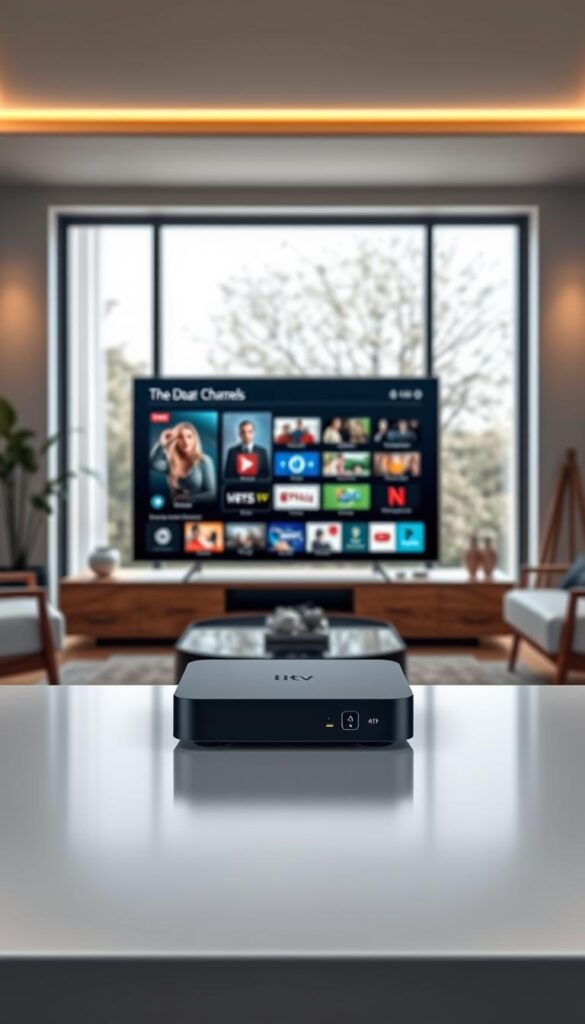 Detailed, high-quality image of a customized IPTV solution for a modern smart home. In the foreground, a sleek, minimalist IPTVANBIETERTV set-top box with clean lines and a matte black finish. In the middle ground, a sophisticated user interface displayed on a large 4K television, showcasing a wide selection of live channels, on-demand content, and personalized recommendations. In the background, a stylish and contemporary living room setting with natural lighting filtering through large windows, creating a warm and inviting atmosphere. The overall scene conveys a sense of technological elegance and tailored convenience for the discerning IPTV user.