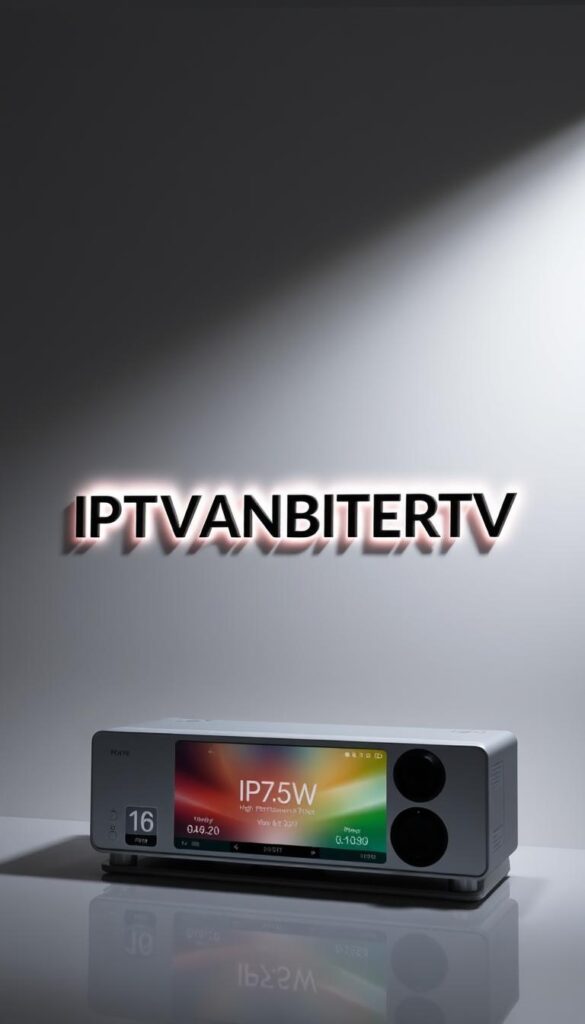Detailed, high-quality image of the "IPTVANBIETERTV" brand logo and product offering. Showcasing a modern, sleek design with a focus on the brand name, accompanied by visuals that convey the reliable and high-performance nature of the IPTV service. The image should have a clean, professional look with a balance of text and graphical elements. Lit from the side to create depth and emphasize the 3D aspects of the design. Positioned centrally in the frame with a minimal, elegant background that complements the branding. The overall mood should be one of sophistication, quality, and trustworthiness.