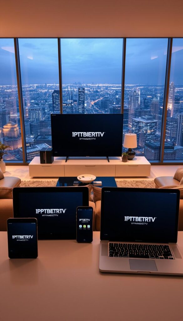 Detailed, high-resolution image of a modern, sleek home entertainment setup with multiple devices seamlessly connected and displaying the IPTVANBIETERTV logo. The foreground features an array of devices including a smart TV, tablet, smartphone, and laptop, all showcasing the IPTVANBIETERTV interface. The middle ground includes a minimalist, well-lit living room setting with contemporary furniture and décor. The background depicts a vast, panoramic cityscape viewed through large windows, conveying a sense of technology and connectivity. The lighting is warm and inviting, with subtle highlights on the devices to emphasize their capabilities. The overall composition should convey the convenience and versatility of IPTVANBIETERTV's multi-device support.