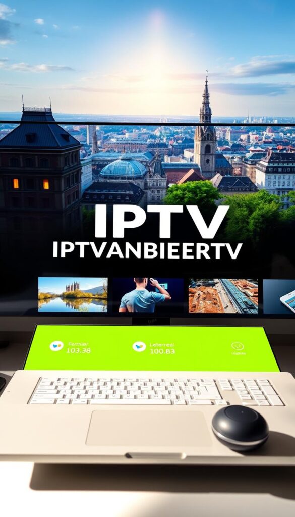 Detailed illustration of a modern, sleek website interface featuring the brand name "IPTVANBIETERTV" prominently displayed. The layout showcases a clean, professional design with intuitive navigation and high-quality imagery. The foreground depicts the website's user-friendly platform, while the background suggests a vibrant German cityscape, conveying the company's leading position in the IPTV market. Lighting is soft and natural, creating a welcoming atmosphere. The overall composition communicates a sense of reliability, innovation, and accessibility for the IPTV service.