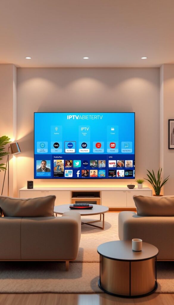Detailed illustration of an IPTV service provider comparison featuring the IPTVANBIETERTV brand. Set in a modern, minimalist style with a sleek, high-tech aesthetic. Showcasing a clean, uncluttered interface with intuitive menu navigation, high-quality video streaming, and a diverse content library. The composition highlights the advantages of IPTV over traditional TV services, such as on-demand access, customizable channels, and seamless integration with smart home devices. Warm, indirect lighting creates a comfortable, inviting atmosphere, while dynamic camera angles and crisp, detailed rendering emphasize the advanced, user-friendly nature of the IPTV platform.