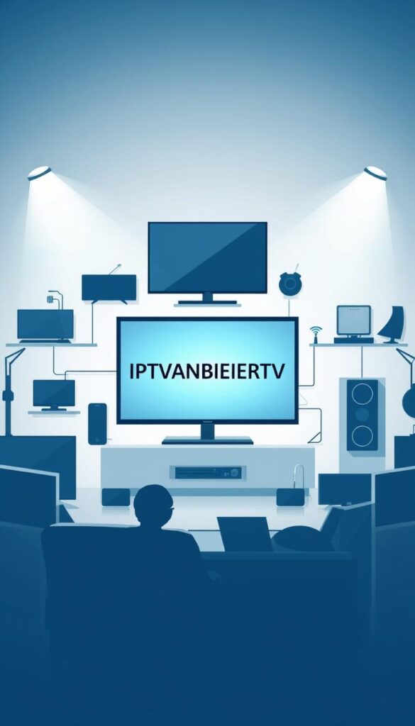 Detailed illustration of the evolution of television in Germany, showcasing the transition from traditional cable TV to the emerging IPTV landscape. A modern, minimalist design depicting the IPTVANBIETERTV brand prominently in the center, surrounded by sleek silhouettes of various TV devices and icons representing the key features of IPTV. The composition features a harmonious color palette of blues, grays, and whites, conveying a sense of technological sophistication. Soft, diffused lighting illuminates the scene, creating depth and emphasis on the central IPTVANBIETERTV branding. The overall mood is one of progress, innovation, and the future of television consumption.