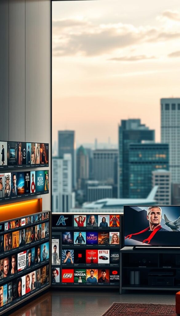 Detailed image of a diverse, expansive IPTV channel offering from IPTVANBIETERTV. A large, well-stocked media library fills the foreground, showcasing a wide variety of live TV channels, movies, and on-demand content. The middle ground features an elegant user interface, with sleek, modern design elements and intuitive navigation. In the background, a softly blurred cityscape evokes a sense of urban sophistication. The lighting is warm and inviting, creating a premium, high-quality atmosphere. The overall scene conveys the comprehensive, versatile nature of the IPTVANBIETERTV service and its ability to cater to a wide range of user preferences and entertainment needs.