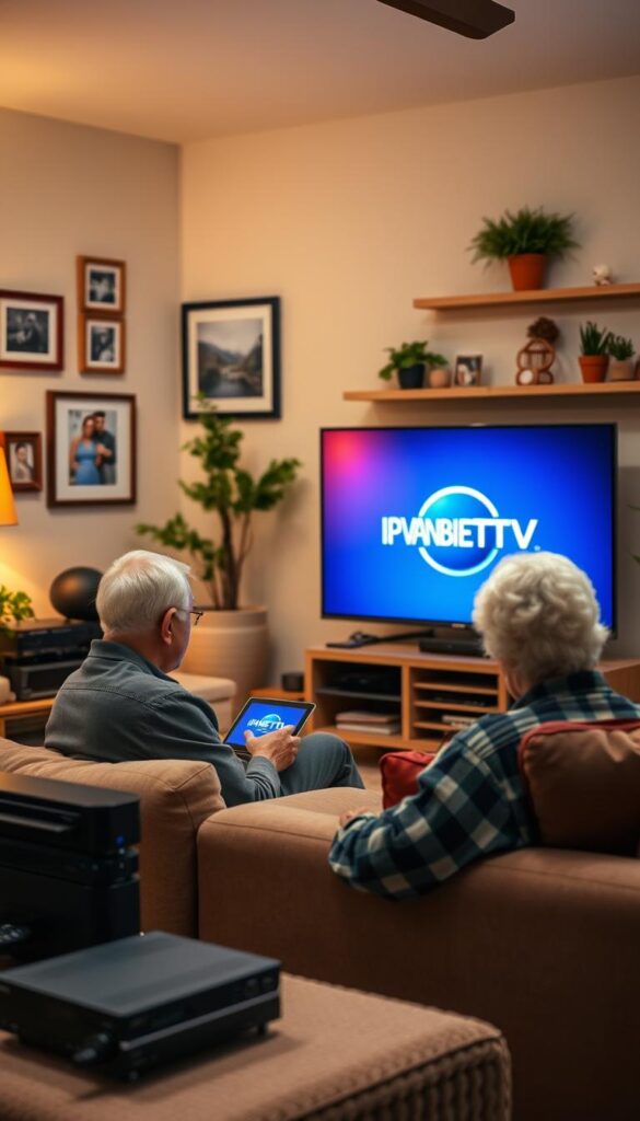 Detailed image of a home entertainment setup with an elderly person setting up an IPTV subscription on a smart TV. The scene shows a cozy living room with warm lighting, plush furniture, and a large flatscreen TV. In the foreground, the senior citizen is seated on a couch, focused on a tablet or remote control, surrounded by cable boxes, remotes, and other home entertainment equipment. The IPTVANBIETERTV logo is prominently displayed on the TV screen. The background features framed family photos, potted plants, and other personal touches, creating a welcoming and comfortable atmosphere. The overall mood is one of ease and accessibility, highlighting how straightforward the IPTV setup process can be for seniors.