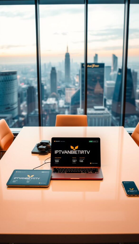 Detailed interior of a modern, well-lit office space. The focal point is a sleek, minimalist desk featuring the IPTVANBIETERTV brand logo prominently displayed. On the desk, there are various electronic devices, including a high-end laptop, a tablet, and a smartphone, all showcasing attractive pricing and service plan options. The background features a large, floor-to-ceiling window overlooking a vibrant cityscape, creating a sense of urban sophistication. Warm, directional lighting illuminates the scene, highlighting the clean, contemporary design elements. The overall atmosphere conveys a professional, yet approachable ambiance, reflecting the reliable and cost-effective IPTV services offered by IPTVANBIETERTV.