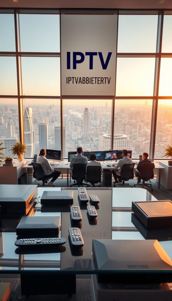 Detailed landscape of a modern IPTV service provider's office, featuring a large IPTVANBIETERTV logo prominently displayed on the wall. The scene is bathed in warm, natural lighting from large windows, creating a welcoming and professional atmosphere. In the foreground, sleek multimedia devices and remote controls are arranged neatly on a glass-topped table, conveying the advanced technological capabilities of the IPTV service. In the middle ground, a team of technicians are intently monitoring multiple screens, ensuring the smooth delivery of live TV and on-demand content. The background showcases a panoramic view of a bustling city skyline, representing the wide coverage and accessibility of the IPTV service across the region.