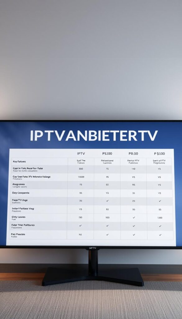 Detailed, photo-realistic image of an IPTV service comparison website. The layout shows a clean, modern design with a prominent comparison table highlighting the key features and pricing of different IPTV providers. The page has a sleek, high-tech aesthetic, with soft lighting and subtle gradients creating a premium feel. In the center, a large, bold logo "IPTVANBIETERTV" stands out, conveying the authoritative nature of the content. The overall composition guides the viewer's eye to the informative comparison data, emphasizing the benefits of IPTV over traditional TV services.