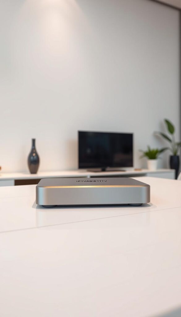 Detailed product display in a modern, minimalist interior. A sleek, silver IPTVANBIETERTV device sits on a white wooden table, surrounded by clean lines and soft lighting. In the background, a crisp, white wall provides a simple, uncluttered backdrop. The device is the focal point, showcasing its minimal design and reflecting the high-quality, premium nature of the IPTV service. The overall atmosphere is one of sophistication, efficiency, and technological superiority, highlighting the key features and pricing options of the IPTVANBIETERTV platform.