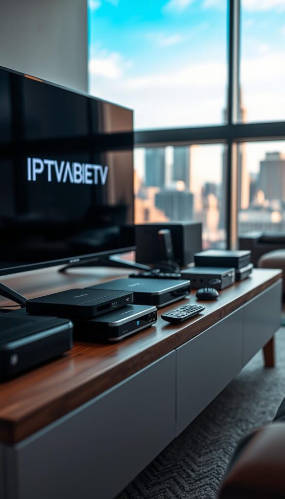 Detailed technical IPTV setup with IPTVANBIETERTV branding. A modern home entertainment system with large flat-screen TV, streaming devices, and peripheral equipment. Sleek black and silver components neatly arranged on a minimalist wooden table. Soft directional lighting creates depth and highlights the high-tech aesthetic. Blurred city skyline visible through a large window in the background, suggesting a luxurious urban setting. The scene conveys the idea of a premium, cutting-edge IPTV experience.