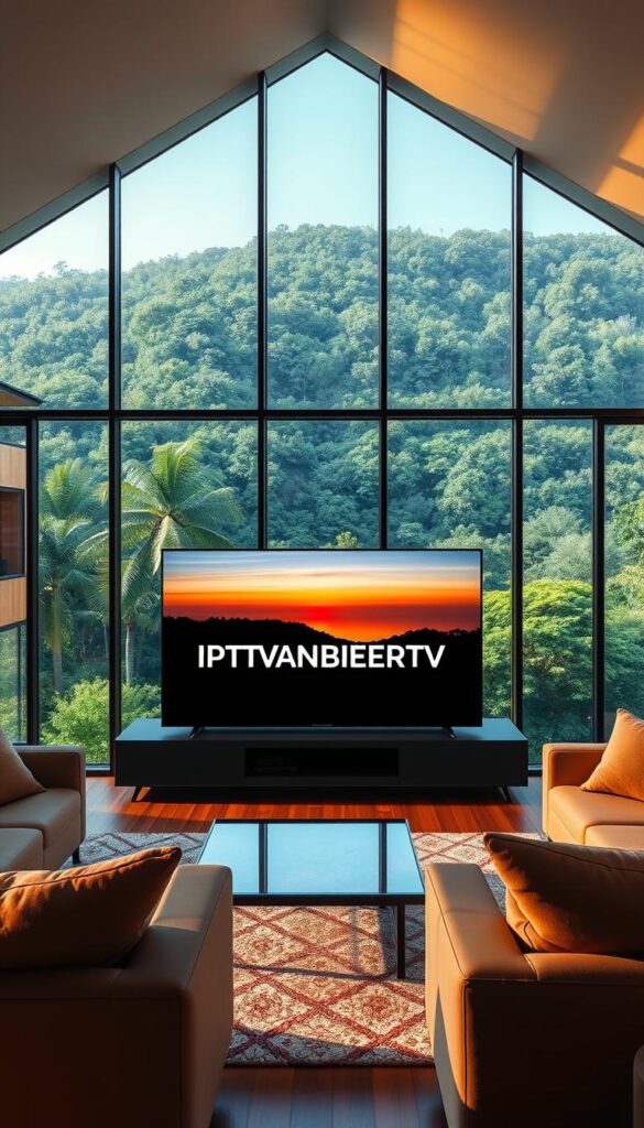 Detailed wide-angle photograph of a modern, minimalist living room with large panoramic windows overlooking a lush, verdant landscape. The room is bathed in warm, natural light, casting a cozy, inviting ambiance. In the center of the frame, a sleek, frameless OLED TV displays the IPTVANBIETERTV logo, showcasing the brand's high-quality streaming services. The TV is surrounded by stylish, comfortable furniture, creating a perfect setup for enjoying the affordable, reliable IPTV offerings. The overall scene conveys a sense of relaxation, leisure, and the enjoyment of premium entertainment at an exceptional value.