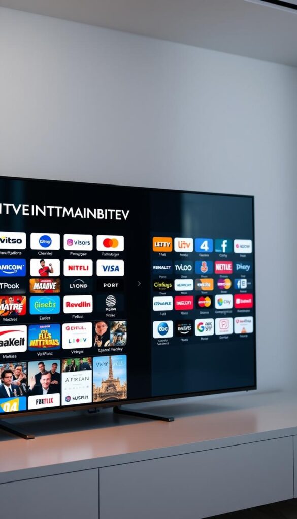 Detailed wide-angle shot of a modern, minimalist TV dashboard featuring a sleek, high-contrast user interface. The dashboard prominently displays the IPTVANBIETERTV brand name, accompanied by a comprehensive channel grid showcasing a diverse range of international programming. The channels are organized into logical categories, with clear icons and labels. The overall design is clean, elegant, and visually appealing, conveying a sense of professionalism and extensive content options. The scene is illuminated by soft, diffused lighting, creating a warm and inviting atmosphere. The camera angle emphasizes the breadth and depth of the channel selection, highlighting the impressive IPTV senderangebot (channel offering) available through IPTVANBIETERTV.