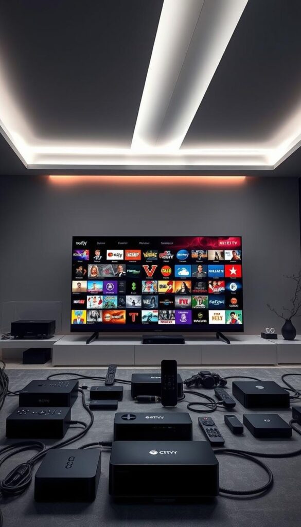 Dramatic landscape of a modern media center, showcasing the extensive channel selection of IPTVANBIETERTV. In the foreground, a large flat-screen TV dominates the scene, displaying vibrant and diverse content. The middle ground features various streaming devices, remote controls, and cables, conveying the idea of a seamless multi-device experience. The background is a sleek, minimalist interior with clean lines and subtle lighting, creating a sense of sophistication. The overall tone is one of technological advancement and entertainment abundance, inviting the viewer to explore the boundless possibilities of IPTVANBIETERTV's comprehensive service.