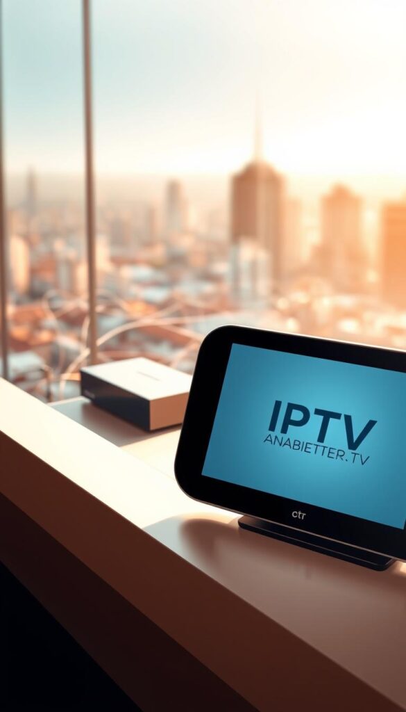Elegant and minimalist illustration of IPTV technology. Sleek and modern digital device in the foreground, displaying the brand "IPTVANBIETERTV" on the screen. In the middle ground, a network of connected devices and cables, symbolizing the internet infrastructure. In the background, a softly blurred cityscape, hinting at the widespread accessibility of IPTV services. Warm, natural lighting casts a subtle glow, creating a sense of ease and sophistication. The overall composition emphasizes the seamless integration of IPTV technology into everyday digital life.