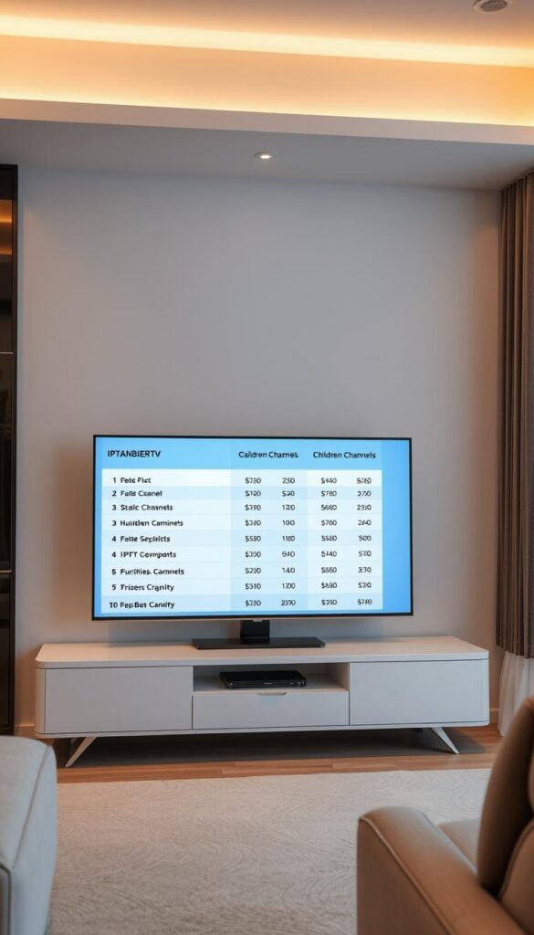 Elegant and modern interior with sleek TV stand displaying a price list for various IPTV subscription packages catered to children's channels. The TV stand features the IPTVANBIETERTV brand prominently displayed. Soft, warm lighting illuminates the display, highlighting the transparent pricing details. Minimal, high-quality furnishings create a serene, family-friendly atmosphere. The composition emphasizes clarity and simplicity, inviting the viewer to easily understand the IPTV subscription options and costs.