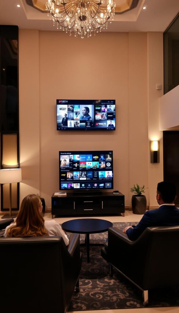Elegant hotel lobby with modern IPTVANBIETERTV IPTV setup. Sleek black and silver entertainment system, discreetly mounted flatscreen TVs on walls, minimalist media console. Soft ambient lighting, plush leather furnishings, and tasteful decor create a luxurious ambiance. The IPTV interface showcases a diverse selection of channels, movie options, and interactive features tailored for a premium hotel experience. Guests seated comfortably, immersed in the high-quality IPTV service, enjoying a seamless entertainment experience.