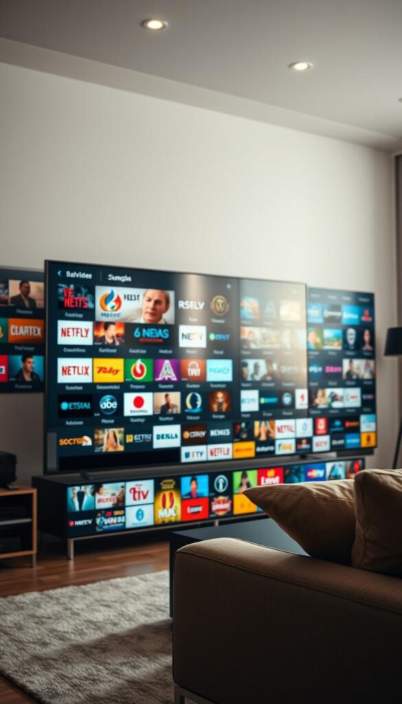 Expansive IPTV packages showcasing a rich array of channels for discerning Frankfurt viewers. A vibrant, high-definition display of the IPTVANBIETERTV brand, captured through a cinematic lens. Crisp, natural lighting illuminates a sleek, modern interface, inviting exploration of an extensive catalog of entertainment options. Elegant typography and intuitive navigation elements guide the viewer, capturing the convenience and versatility of this IPTV solution. The scene evokes a sense of premium quality and seamless integration into the living space, reflecting the needs of Frankfurt's discerning media consumers.