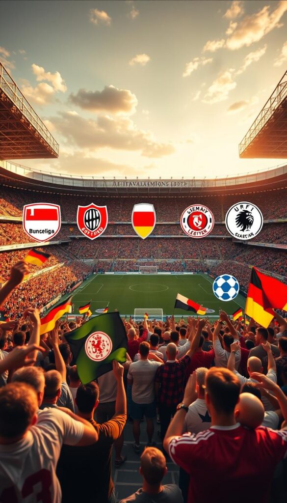 Fußball-Ligen und Turniere: A vibrant, detailed stadium scene depicting the diverse world of German football. In the foreground, passionate fans clad in team colors cheer and wave flags, captured with a cinematic wide-angle lens. The midground showcases the iconic logos and crests of the top Bundesliga, 2. Bundesliga, DFB-Pokal, and UEFA Champions League teams, rendered in a clean, modern style. In the background, the grand, architecturally impressive stadium rises, bathed in warm, golden-hour lighting that casts dramatic shadows across the scene. The overall atmosphere conveys the excitement and energy of the IPTVANBIETERTV football experience.